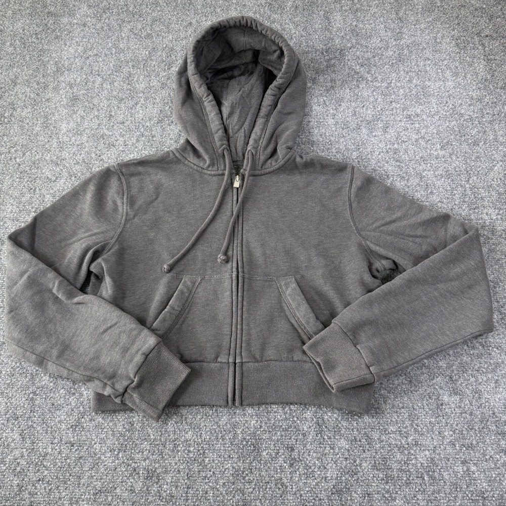 Hollister Full Zip Hoodie Womens Small Charcoal Grey Cropped Fleece Pockets Y2K